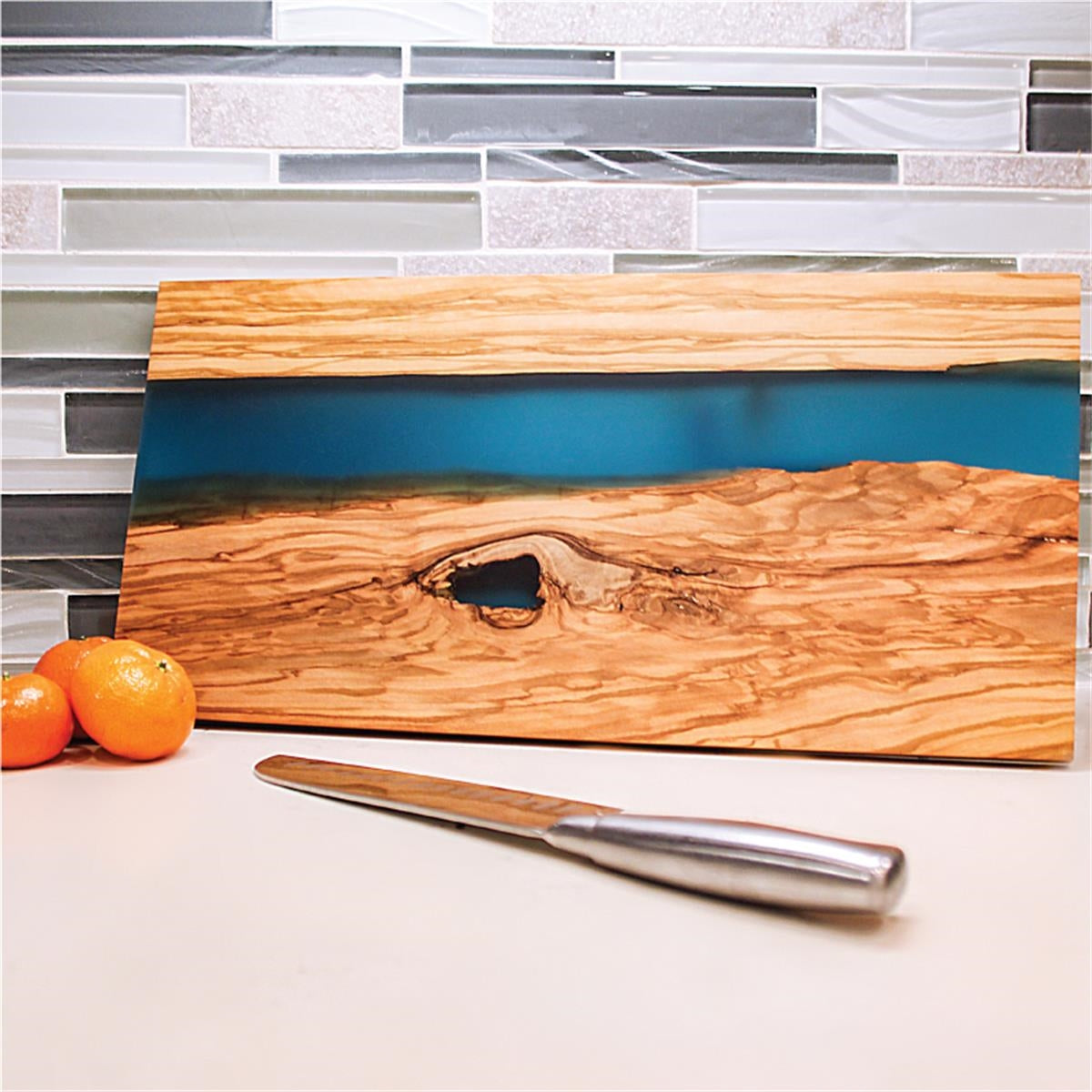 Long Olive Wood & Blue Resin Serving Cutting Board